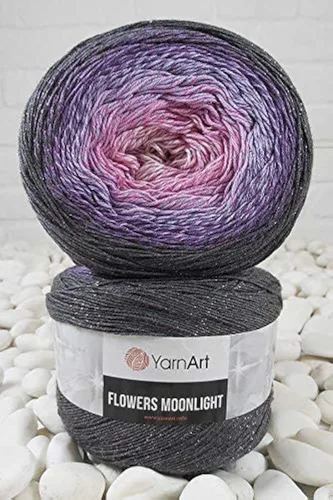 Vista 4 de YarnArt Flowers Moonlight - Hilo de algodón con purpurina, suave, ganchillo arcoíris, tejido a mano de lúrex metálico, pastel plateado, algodón