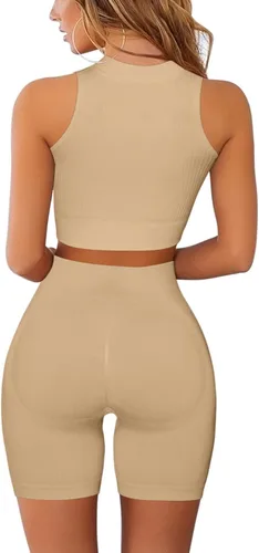 Vista 2 de Conjuntos de entrenamiento para mujer, conjuntos de 2 piezas, sin costuras, acanalados, con cremallera bidireccional, manga corta, pantalones cortos