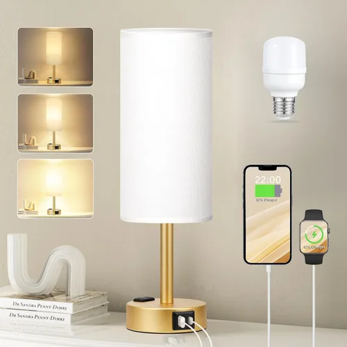 Vista 33 de Fenmzee Juego de lámparas de mesa pequeñas táctiles regulables de 2 a 3 vías, carga USB A + C, salida de CA, base de grano de madera, bombillas