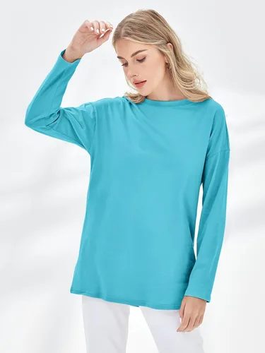 Vista 85 de Fisoew Camisetas de manga larga para mujer, holgadas, casuales, con cuello redondo, blusa suave