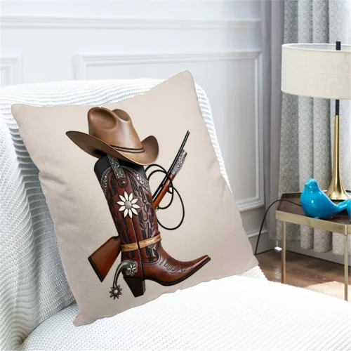 Vista 4 de Fundas de almohada de lino y algodón, botas de vaquero occidental, sombrero, fundas de almohada para sofá, cama, decoración del hogar, 18 x 18
