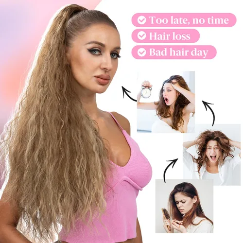 Vista 7 de Extensión de cola de caballo con cordón de 26 pulgadas de largo, esponjoso, ondulado, para mujeres negras, extensiones de cabello rizado para uso