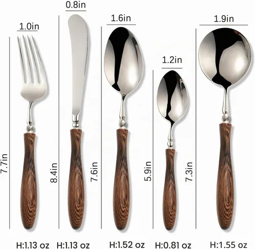 Vista 2 de Juego de cubiertos de 40 piezas para 8, juego de cubiertos de acero inoxidable con mango de madera de alta calidad, incluye tenedor, cuchillo