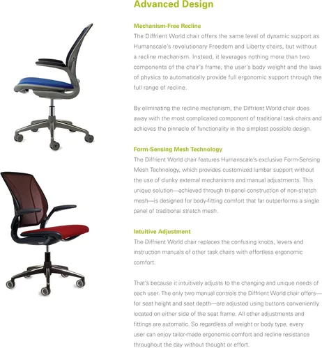 Vista 7 de Humanscale Diffrient World - Silla de escritorio de oficina – Brazos Duron ajustables – Marco negro a rayas negras respaldo y malla de asiento