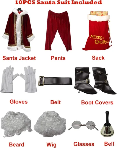 Vista 5 de Watato Disfraz de Papá Noel para adultos y hombres, 10 piezas de terciopelo profesional de lujo para adultos, conjunto de cosplay de vacaciones