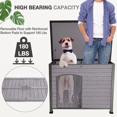 Vista 2 de Casa para Perros al Aire Libre Aislada para Perros Pequeños, Medianos y Grandes, Madera Natural con Marco de Hierro, Techo Resistente al Agua, Patas