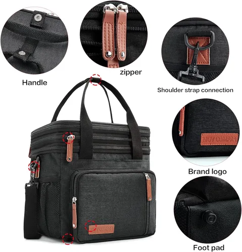 Vista 6 de MOV COMPRA Bolsas de almuerzo para hombres y mujeres, lonchera negra para adultos, para el trabajo, ampliable, a prueba de fugas, doble cubierta