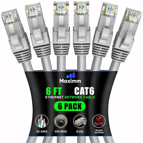 Vista 88 de Maximm Cable Ethernet Cat 6 de 0.6 pies (paquete de 6) – Cable LAN de alta velocidad, cable de Internet, cable de conexión y cable de red – UTP