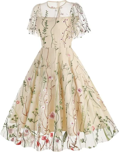 Vista 2 de QIGUANDZ Vestido de cóctel retro con bordado floral de malla para mujer, ilusión de los años 50, manga corta, vestido de noche de graduación