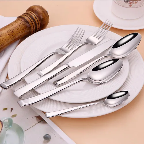 Vista 2 de Juego de cubiertos de 64 piezas para cubiertos de acero inoxidable 16, 18/10, mango cuadrado, juego de cubiertos para el hogar, cocina, restaurante