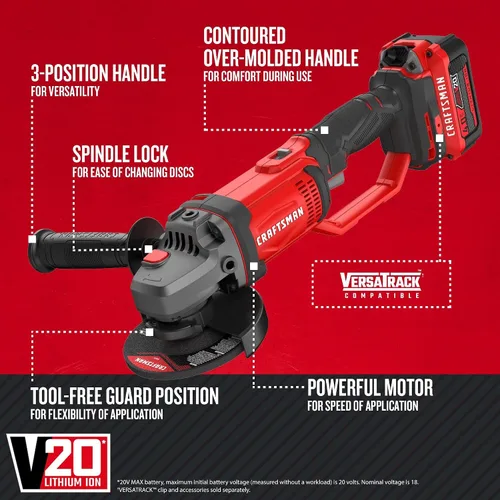 Vista 2 de CRAFTSMAN V20 Kit de herramientas de amoladora angular inalámbrica, 4-1/2 pulgadas, batería y cargador incluidos (CMCG400M1)