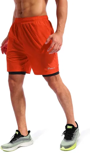 Vista 4 de Pudolla Mens 2 in 1 Running Shorts 7" Quick Dry Gym Athletic Workout Shorts for Men with Phone Pockets