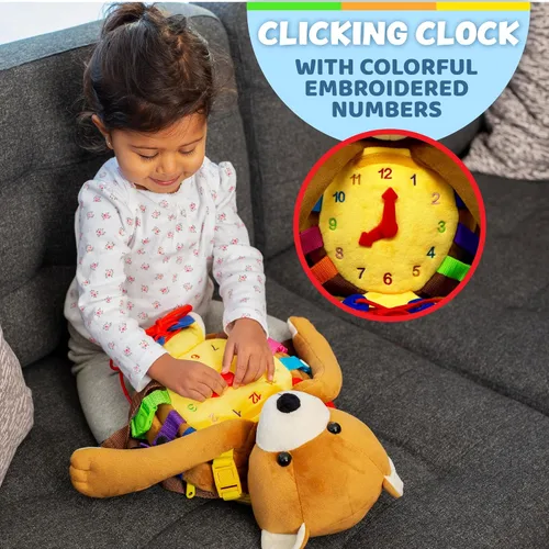 Vista 5 de Buckle Toys Mochila de oso - Mochila para niños pequeños y actividad de aprendizaje de animales de peluche, desarrolla habilidades motoras finas