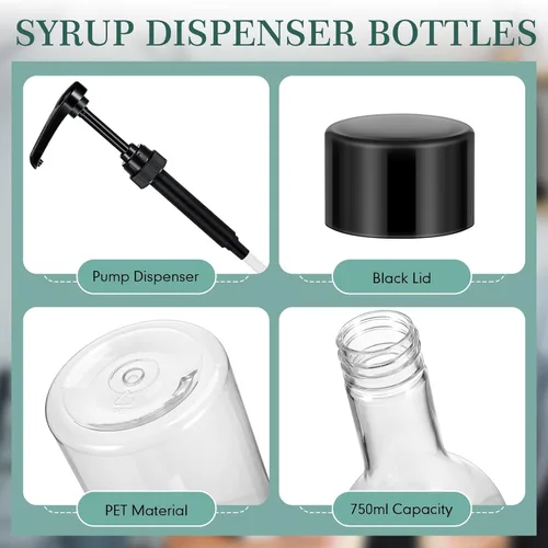 Vista 2 de Maxdot 2 piezas botellas de jarabe de 25 oz con bomba, botellas de cuello largo, dispensador de bomba de jarabe de plástico para accesorios de bar
