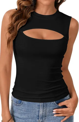 Vista 2 de Vrtige Camiseta sin mangas sexy con cuello redondo para mujer, de punto acanalado, sin mangas, ajustada