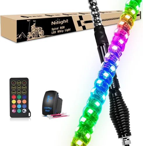 Vista 14 de Nilight Luz LED para látigo, 1 antena COB RGB de 2 pies con base de resorte, aplicación Bluetooth y control remoto, patrones de persecución
