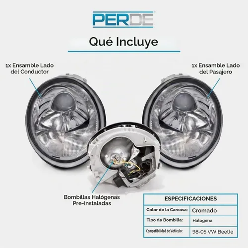Vista 5 de PERDE set de luces delanteras cromadas, halógenas con cristales de rendimiento, para 1998-2005 Volkswagen Beetle.
