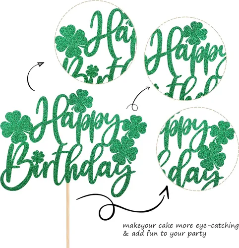 Vista 3 de 1 paquete de decoración para pastel de cumpleaños del día de San Patricio con purpurina verde de trébol de la suerte de cuatro hojas, trébol