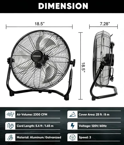 Vista 3 de KEN BROWN - Ventilador de piso de alta velocidad de 14 pulgadas, 3 velocidades, 360 °, ajustable, inclinable, potente flujo de aire para el hogar