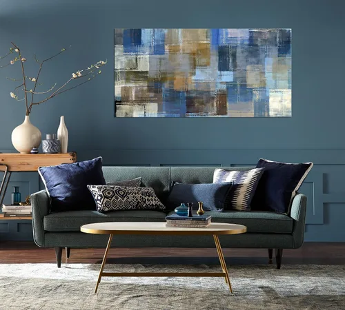 Vista 3 de DZL Art A74875 - Arte abstracto grande para pared, impresiones en lienzo gris y azul, arte de pared enmarcado, arte de pared para sala de estar