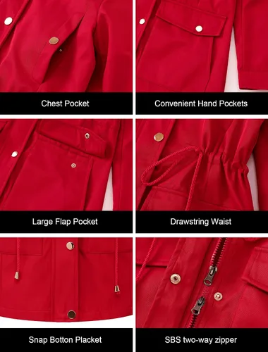 Vista 6 de CREATMO US Gabardina larga resistente al agua para mujer, chaqueta militar cortavientos con capucha reflectante extraíble