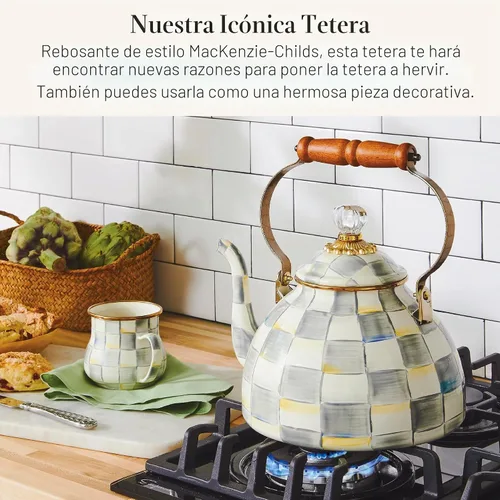 Vista 2 de MACKENZIE-CHILDS - Hervidor de té esmaltado, elegante hervidor de té para estufa, cuadro de estera gris y blanco, 3 cuartos de galón Sterling Check