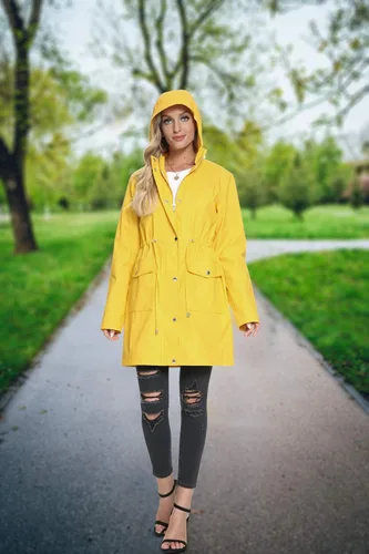 Vista 4 de Fahsyee Chubasquero para mujer, chaqueta impermeable con capucha, rompevientos para exteriores, larga actividad