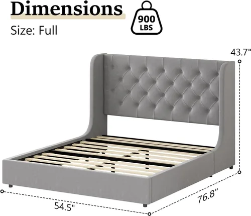 Vista 2 de HOMBCK - Marco de cama tamaño completo, base de cama tapizada en plataforma gris con cabecero, terciopelo acolchado, diseño de ala curvada, listones