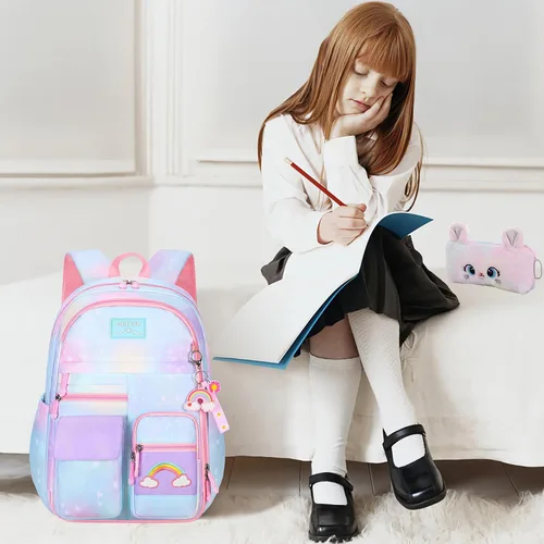 Vista 9 de Jcobvig Mochila de arcoíris para niñas y niños, linda mochila escolar para estudiantes con bolsa para bolígrafos, bolsa de viaje para portátil