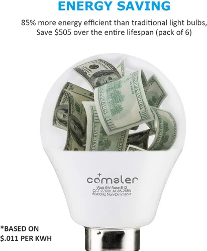 Vista 5 de comzler Bombillas LED A15 equivalentes a 60 W, blanco cálido 2700 K, bombilla redonda LED de base pequeña E12 para ventilador de techo,