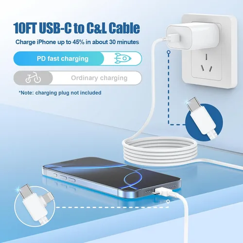 Vista 2 de Cable de carga rápida 2 en 1 para iPhone de 10 pies, cable de carga largo USB C a C/tipo C a Lightning para Apple iPhone 17 Pro Max/17 Air/16