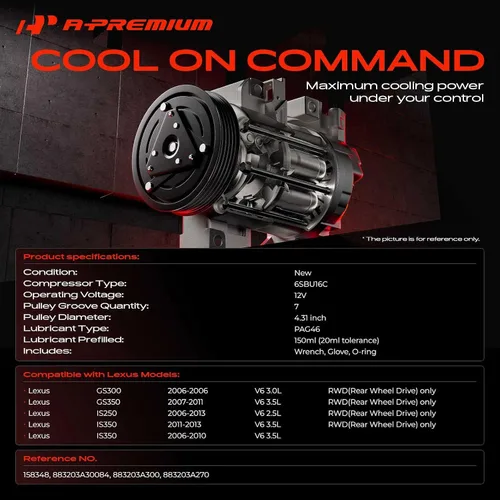 Vista 2 de A-Premium Compresor de aire acondicionado de CA con embrague compatible con Lexus GS300 3.0L 2006, GS350 3.5L 2007-2011, IS250 2.5L 2011-2013, IS350