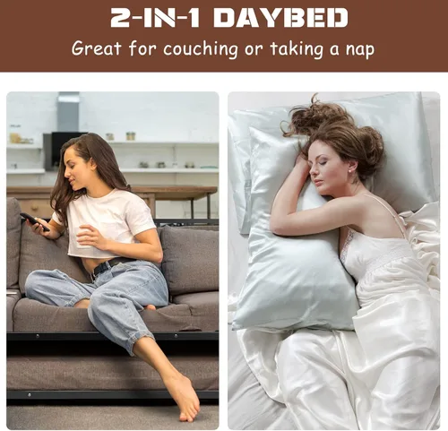 Vista 5 de Giantex Sofá cama individual con nido, sofá cama de metal tamaño individual con nido extraíble con 4 ruedas, sofá cama con soporte de listones