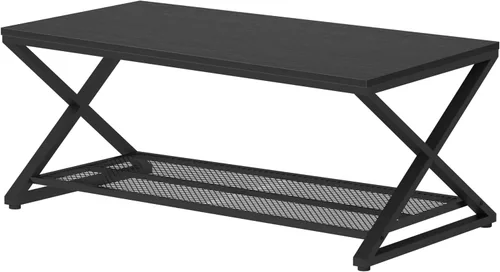Vista 8 de LVB Mesa de café negra, mesas centrales de 2 niveles de metal y madera con estante de almacenamiento, mesa de té moderna rectangular para el cóctel