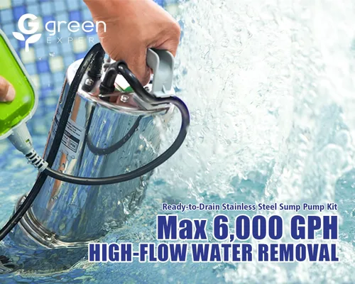 Vista 2 de Green Expert - Kit de bomba sumergible de sumidero de 1.5 HP con manguera de descarga plana de 25 pies, bomba de extracción de agua de acero