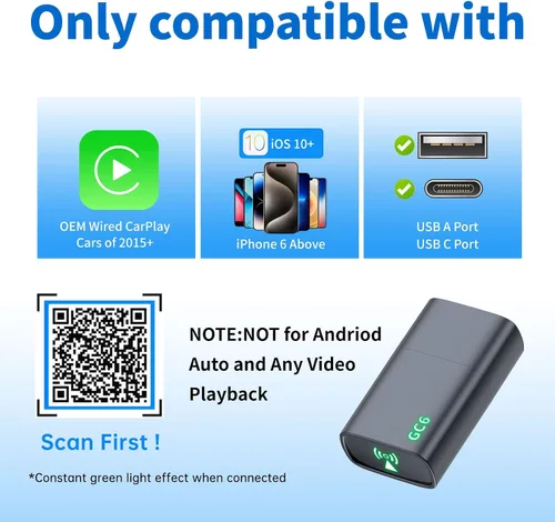 Vista 8 de Adaptador inalámbrico CarPlay para iPhone, convierte Apple CarPlay con cable de fábrica a inalámbrico, mini USB/USB-C CarPlay Dongle, reconexión