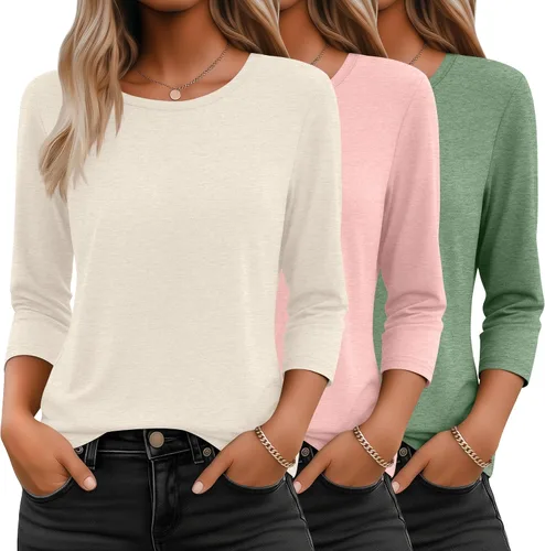 Vista 38 de Ficerd Paquete de 3 camisetas de manga 3/4 para mujer, cuello redondo, camisetas básicas elegantes, casuales, modernas, holgadas
