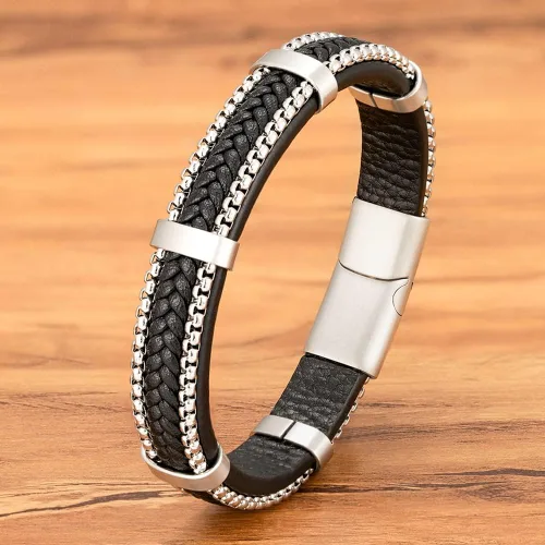Vista 3 de Hoigblxy Pulsera de cuero para hombre, cierre magnético, de acero inoxidable, longitud de 8.26 pulgadas, Sin gemas.