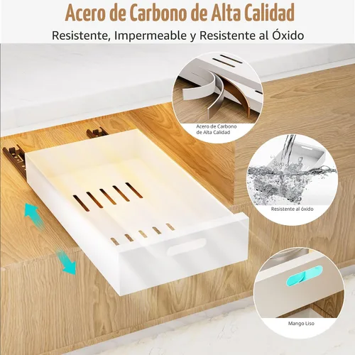 Vista 4 de 1 Paquete Organizador de gabinete extraíble adhesivo de 21" de profundidad, cajones enrollables de acero al carbono de 10 pulgadas de ancho