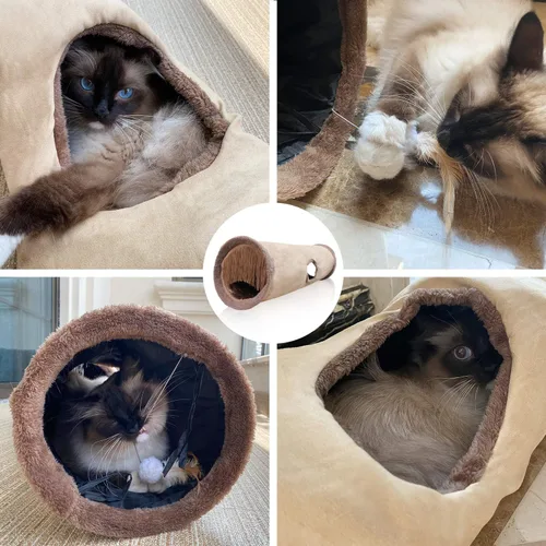 Vista 7 de Petest Túnel plegable para gatos, tubo de juego para mascotas, túnel arrugado con juguetes para gatos, longitud 35 pulgadas de diámetro 9.7 pulgadas
