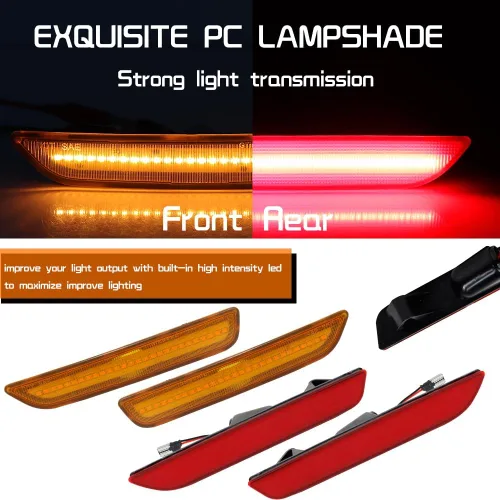 Vista 2 de Para Ford Mustang 2010, 2011, 2012, 2013, 2014 Luces de Marcador Lateral de Parachoques Delantero y Trasero, Luces LED Ámbar y Rojas, 4 piezas