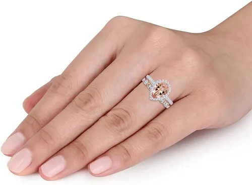 Vista 6 de Anillo de compromiso con diamantes blancos naturales y piedras preciosas de corte pera de 0.354 x 0.236 in en oro de 14 quilates sobre plata de ley