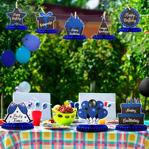 Vista 4 de Yexiya 8 piezas de centro de mesa de cumpleaños azul y negro, centros de mesa de panal de abeja de feliz cumpleaños, centros de mesa de panal