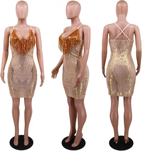 Vista 3 de Sprifloral Vestido de tubo corto ajustado y sexy bodycon para mujer diseño con lentejuelas flecos cuello alto falso para fiesta discoteca