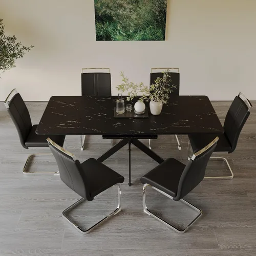 Vista 7 de Mesa de comedor de mármol para 4-8, mesa de comedor extensible de 62.4 a 78.15 pulgadas, mesa de cocina moderna, mesa rectangular que ahorra espacio