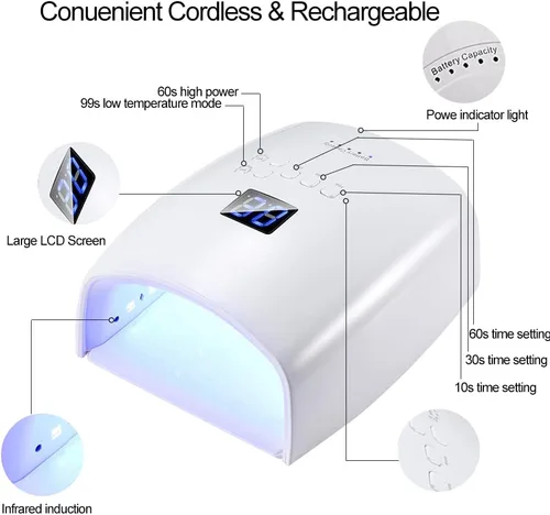 Vista 2 de Lámpara de uñas LED UV inalámbrica de 48 W, secadora recargable mejorada, luces de gel profesionales, sensor automático para manicura, herramientas