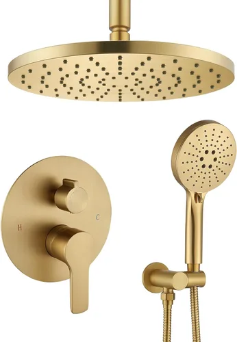 Vista 11 de Iriber Sistema de ducha de lluvia dorado cepillado con cabezal de ducha de 12 pulgadas y baño de mano, juego de ducha dorado que contiene grifo