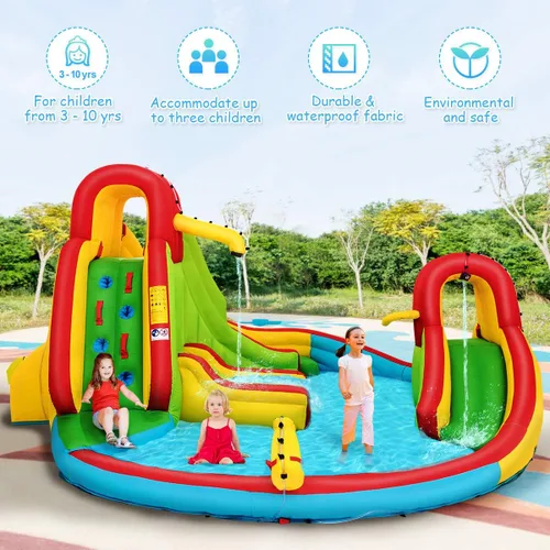 Vista 8 de KOTEK Tobogán acuático inflable, tobogán acuático 8 en 1 con 2 toboganes, 2 paredes de escalada, piscina y cañón de agua, toboganes acuáticos