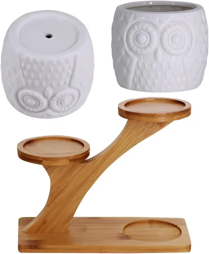 Vista 3 de 3 piezas Macetas para Suculentas de Búho con Soporte de Platillos de Bambú de 3 Niveles - Maceta Decorativa Moderna de Cerámica Blanca con Drenaje