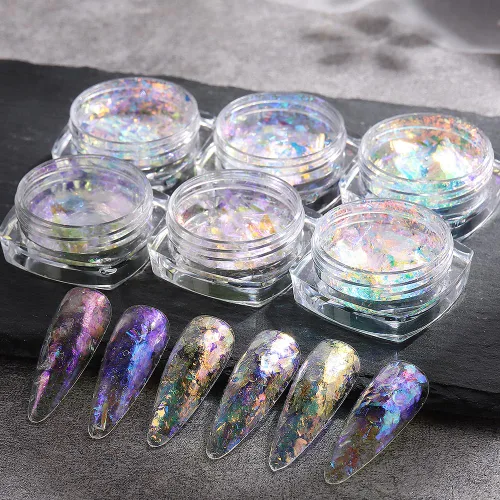 Vista 4 de Polvo de uñas cromado iridiscente, 6 cajas de copos de ópalo de fuego de cristal para arte de uñas, lentejuelas holográficas de sirena con purpurina